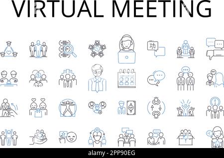 Raccolta di icone della linea di riunione virtuale. Conferenza online, raduno digitale, presentazione remota, assemblaggio di Cyber, sessione di webinar, Chat video Illustrazione Vettoriale