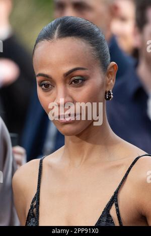 Zoe Saldana partecipa all'evento di gala europeo dei Guardiani della Galassia di Marvel Studios. Vol 3 a Disneyland Parigi a Marne-la-Vallee, Francia il 23 aprile 2023. Foto di Aurore Marechal/ABACAPRESS.COM Foto Stock