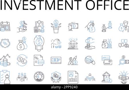 Collezione icone linea ufficio investimenti. Wealth Management Office, Financial Management Center, Investment Company, Asset Management Company, Portfolio Illustrazione Vettoriale