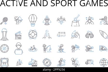 Giochi attivi e sportivi linea icone collezione. Sport dinamici, giochi ad alta energia, attività atletiche vigorose, attività ricreative vivaci, fisico robusto Illustrazione Vettoriale