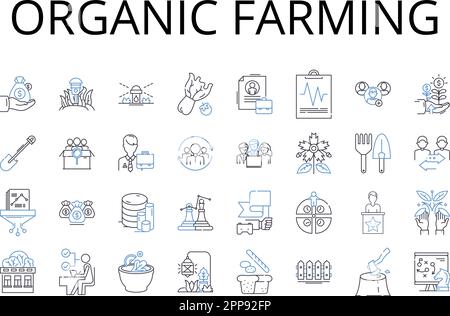 Linea di agricoltura biologica icone collezione. Energia rinnovabile, vita sostenibile, ecocompatibile, Medicina naturale, imballaggio biodegradabile, Commercio equo e solidale Illustrazione Vettoriale