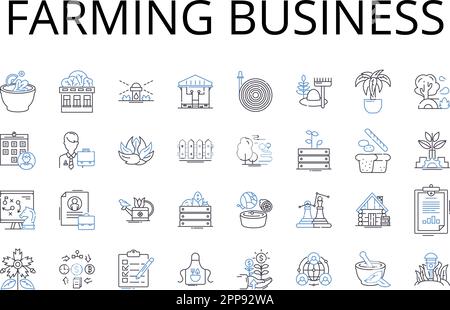 Collezione di icone della linea di business per l'agricoltura. Mercato al dettaglio, industria automobilistica, settore turistico, servizi sanitari, servizi alimentari, Settore dell'istruzione, settore bancario Illustrazione Vettoriale