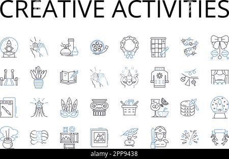 Attività creative linea icone raccolta. Espressione artistica, gioco creativo, pensiero innovativo, soluzioni intraprendenti, idee originali, Unico Illustrazione Vettoriale