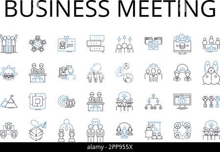 Collezione di icone della linea di riunione aziendale. Team building, riunione del consiglio di amministrazione, presentazione delle vendite, conference call, sessione esecutiva, Briefing in ufficio, barzaietta del personale Illustrazione Vettoriale