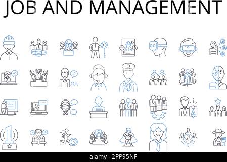 Raccolta delle icone della riga di gestione e dei lavori. Business e leadership, lavoro e supervisione, Carriera e coordinamento, occupazione e direzione, occupazione Illustrazione Vettoriale