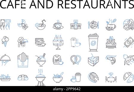 Cafe e ristoranti linea icone collezione. Bistro, Diner, Eatery, Brasserie, Trattoria, Gastropub, Tavern vettoriale e illustrazione lineare. Pub, Canteen Illustrazione Vettoriale