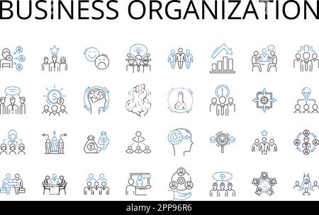 Raccolta di icone della linea dell'organizzazione aziendale. Entità aziendale, struttura aziendale, istituzione commerciale, struttura aziendale, Partnership Illustrazione Vettoriale