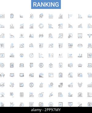 Classifica contorno icone raccolta. Classifica, elenco, Ordine, luogo, grado, Set di illustrazioni vettoriali velocità, classe. Segni linea di valutazione, punteggio, indice Illustrazione Vettoriale