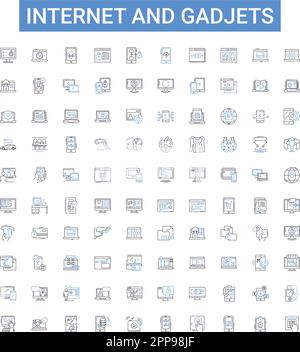 Internet e gadjets delineano la collezione di icone. Gadget, Internet, tecnologia, dispositivi, connettività, Computer, Set di illustrazioni vettoriali di rete Illustrazione Vettoriale