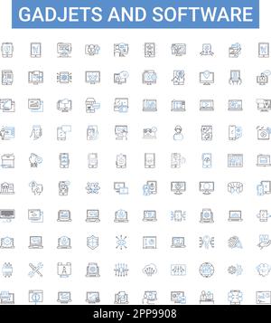 GADJETS e software delineano la collezione di icone. Gadget, Software, elettronica, tecnologia, computer, Telefoni, set di illustrazioni vettoriali per tablet. Telecamere Illustrazione Vettoriale