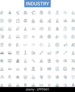 Collezione di icone di contorno del settore. Produzione, Affari, fabbrica, conglomerato, Commercio, Set di illustrazioni vettoriali per commercio al dettaglio. Servizio, processo Illustrazione Vettoriale