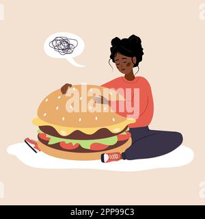 Disturbo alimentare. Triste donna africana che abbraccia enormi hamburger e si preoccupa di essere in sovrappeso. Overeating, bulimia, anoressia. Concetto di dipendenza alimentare Illustrazione Vettoriale
