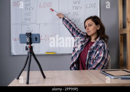 E-learning, concetto di istruzione remota. Insegnante di lingua indiana che offre lezioni di inglese online, webinar, utilizzo di smartphone, puntando alla lavagna con Foto Stock