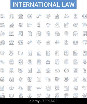 Diritto internazionale delineare la collezione di icone. Internazionale, diritto, trattati, sovranità, nazionalità, giurisdizione, insieme di illustrazioni vettoriali dei limiti Illustrazione Vettoriale