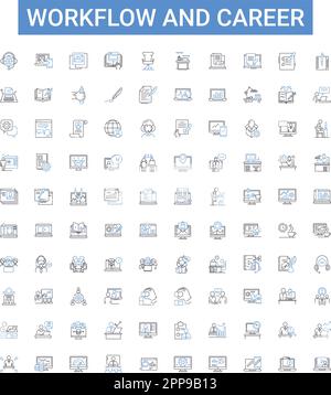 Flusso di lavoro e carriera delineare la raccolta di icone. carriera, flusso di lavoro, posti di lavoro, competenze, successo, progressione, set di illustrazioni vettoriali pathways. sogni Illustrazione Vettoriale
