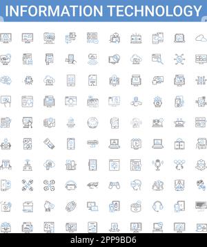 Information Technology delineare la raccolta di icone. IT, computing, software, networking, soluzioni, Sicurezza, Set di illustrazioni vettoriali per l'automazione Illustrazione Vettoriale