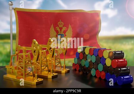 Il mercato petrolifero del Montenegro. Pompa dell'olio in oro e barili in metallo. Il concetto di produzione, stoccaggio e valore dell'olio. Bandiera del Montenegro in ba Foto Stock