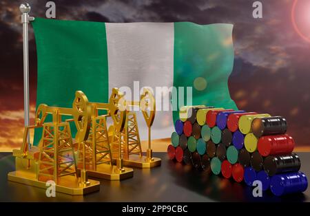 Il mercato petrolifero della Nigeria. Pompa dell'olio in oro e barili in metallo. Il concetto di produzione, stoccaggio e valore dell'olio. Bandiera della Nigeria in backgrou Foto Stock