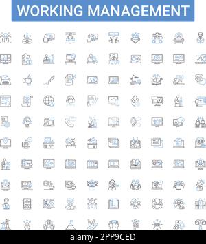 Gestione del lavoro: Insieme di icone di contorno. Forza lavoro, gestione, organizzazione, supervisione, direzione, Pianificazione, coordinamento del set di illustrazioni vettoriali Illustrazione Vettoriale
