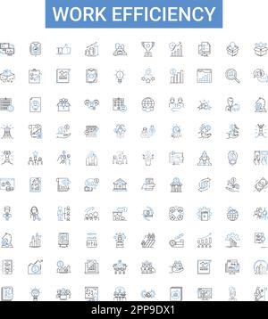 Efficienza del lavoro delineare la raccolta di icone. Produttività, efficacia, competenza, rapidità, velocità, Set di illustrazioni vettoriali per dinamicità, abilità Illustrazione Vettoriale