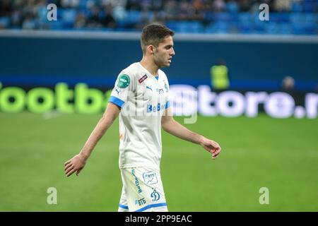 San Pietroburgo, Russia. 22nd Apr, 2023. Arsen Zakharyan (No.47) di Dynamo visto durante la partita di calcio della Premier League russa tra Zenit San Pietroburgo e Dynamo Mosca alla Gazprom Arena. Zenit 3:1 Dynamo. (Foto di Konstantinov/SOPA Images/Sipa USA) Credit: Sipa USA/Alamy Live News Foto Stock