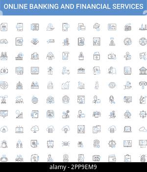 Online banking e servizi finanziari delineano la raccolta di icone. online, bancario, finanziario, servizi, pagamenti, netbanking, illustrazione del vettore bancario Illustrazione Vettoriale