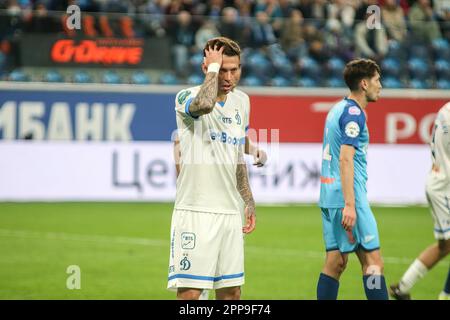 San Pietroburgo, Russia. 22nd Apr, 2023. Fedor Smolov (No.10) di Dynamo visto durante la partita di calcio della Premier League russa tra Zenit Saint Petersburg e Dynamo Moscow alla Gazprom Arena. Zenit 3:1 Dynamo. Credit: SOPA Images Limited/Alamy Live News Foto Stock