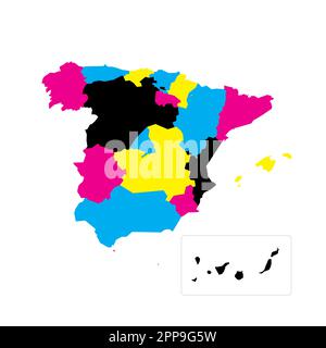 Spagna carta politica delle divisioni amministrative - Comunità autonome e città autonome di Ceuta e Melilla. Mappa vettoriale vuota in colori CMYK. Illustrazione Vettoriale