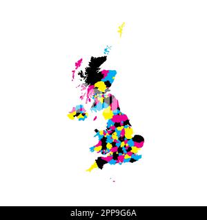 Regno Unito di Gran Bretagna e Irlanda del Nord Mappa politica delle divisioni amministrative: Contee, autorità unitarie e Greater London in Inghilterra, distretti dell'Irlanda del Nord, aree del consiglio della Scozia e contee, distretti e città del Galles. Mappa vettoriale vuota in colori CMYK. Illustrazione Vettoriale