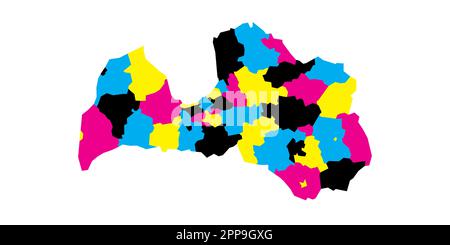 Lettonia carta politica delle divisioni amministrative - comuni e città. Mappa vettoriale vuota in colori CMYK. Illustrazione Vettoriale