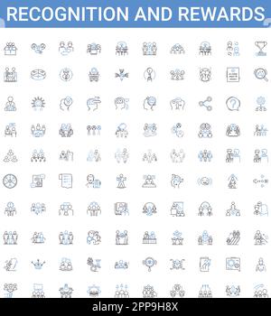 Riconoscimento e premi delineano la collezione di icone. Riconoscimento, ricompense, apprezzamento, riconoscimento, gratitudine, Convalida, il vettore delle innovazioni Illustrazione Vettoriale