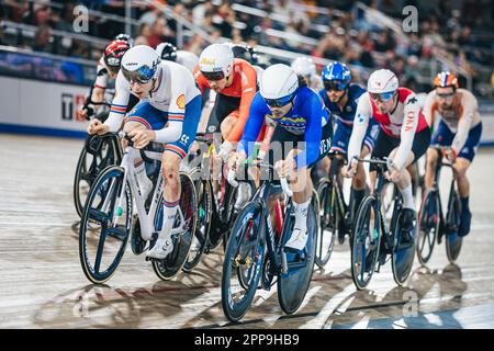 Milton, Canada. 22nd Apr, 2023. Foto di Alex Whitehead/SWpix.com - 22/04/2023 - Ciclismo - Tissot UCI Track Nations Cup, Round 3: Milton - Mattamy National Cycling Centre, Ontario, Canada - Men's Omnium - Mark Stewart of Great Britain Credit: SWpix/Alamy Live News Foto Stock