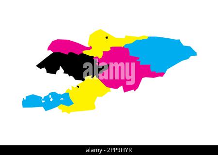 Kirghizistan carta politica delle divisioni amministrative - regioni e città indipendenti di Bishkek e OSH. Mappa vettoriale vuota in colori CMYK. Illustrazione Vettoriale