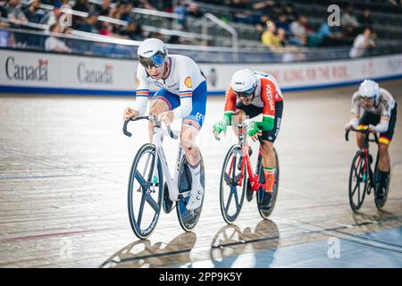 Milton, Canada. 22nd Apr, 2023. Foto di Alex Whitehead/SWpix.com - 22/04/2023 - Ciclismo - Tissot UCI Track Nations Cup, Round 3: Milton - Mattamy National Cycling Centre, Ontario, Canada - Men's Omnium - Mark Stewart of Great Britain Credit: SWpix/Alamy Live News Foto Stock