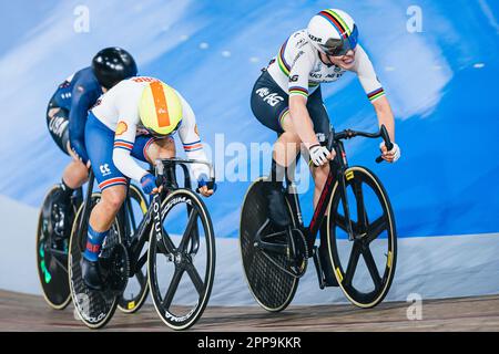 Milton, Canada. 22nd Apr, 2023. Foto di Alex Whitehead/SWpix.com - 22/04/2023 - Ciclismo - Tissot UCI Track Nations Cup, Round 3: Milton - Mattamy National Cycling Centre, Ontario, Canada - Women's Madison Final - Lotte Kopecky of Belgium Credit: SWpix/Alamy Live News Foto Stock