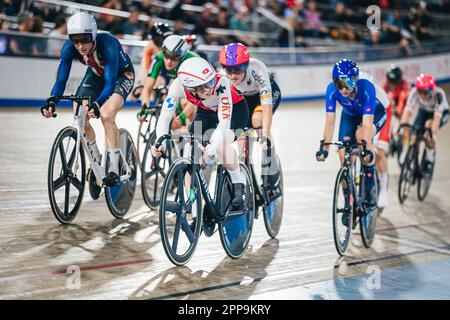 Milton, Canada. 22nd Apr, 2023. Foto di Alex Whitehead/SWpix.com - 22/04/2023 - Ciclismo - Tissot UCI Track Nations Cup, Round 3: Milton - Mattamy National Cycling Centre, Ontario, Canada - Women's Madison - Aline Seitz of Switzerland Credit: SWpix/Alamy Live News Foto Stock