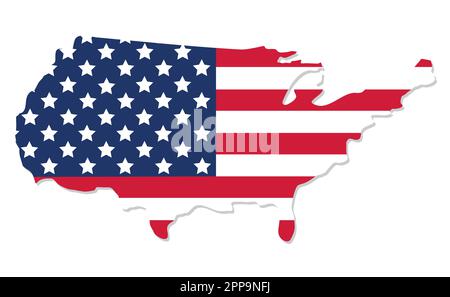 Mappa degli Stati Uniti con la bandiera nazionale degli Stati Uniti d'America isolata su sfondo bianco. Illustrazione vettoriale. Illustrazione Vettoriale