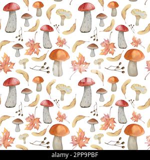 Set autunnale vettore acquerello. Decorazioni con foglie di bosco e funghi. Illustrazione Vettoriale