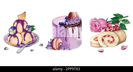Illustrazioni di dolci e dessert. Disposizioni alimentari per la progettazione di carte e imballaggi Illustrazione Vettoriale