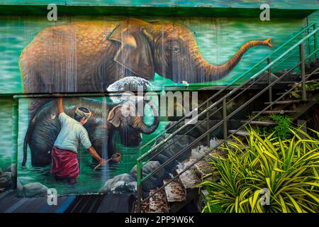 Splendidi murales malesi di Jalan Mahkamah Persekutuan, fiume Gombak, lungomare, centro storico di Kuala Lumpur, Malesia. Foto Stock