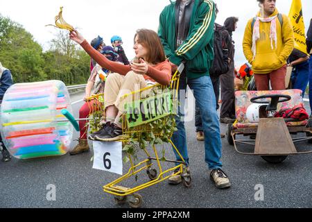 Atmosfera, la corsa delle auto è preparata sulla strada. Sulla A61, direzione Carcassonne, Tolosa. Uscita dalla strada, dimostrazione contro la superstrada A69, che deve collegare Castres (Tarn) a Tolosa (Haute-Garonne), organizzato dai collettivi 'la voie est libre', 'les Soulevements de la Terre' e 'Extinction Rebellion Toulouse' e la Confederazione paysanne. Quasi 8000 persone si sono riunite per una lunga marcia tra Soual e Saix (81), per mostrare la loro opposizione al progetto autostradale sostenuto dalla prefettura e il dipartimento del Tarn così come la regione Occitanie. France, Saix on Foto Stock