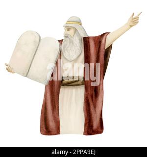 Acquerello Mosè con dieci Comandamenti tavolette di pietra illustrazione isolato su bianco. Storia biblica di Tanah ebraica Foto Stock