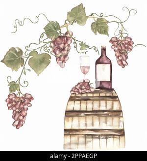 Acquerello composizione illustrativa disegnata a mano con botte di legno e bicchiere con vino rosso e uva. clipart vigneto Foto Stock