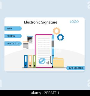 Firma elettronica e landing page del servizio Smart Contract. Illustrazione vettoriale. Firma dell'accordo, concetto di documenti elettronici, ufficio civile, onli Illustrazione Vettoriale