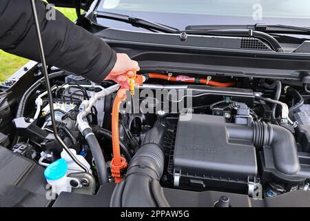 Puck, Polonia - 16 aprile 2023: Un uomo che controlla il livello dell'olio motore in una Honda HR-V. Foto Stock