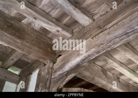 Travi di legno molto vecchie piene di umido e boscaiolo, ma ancora sopravvissute Foto Stock