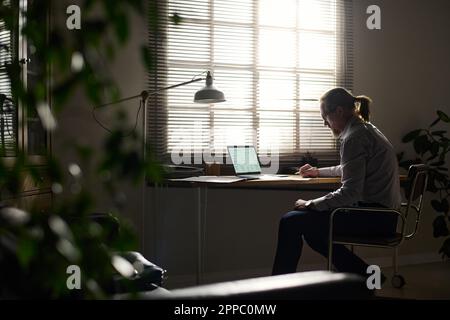 Vista laterale del consulente maschile maturo guardando attraverso le informazioni in documento mentre si siede sulla sedia da banco di fronte alla finestra Foto Stock