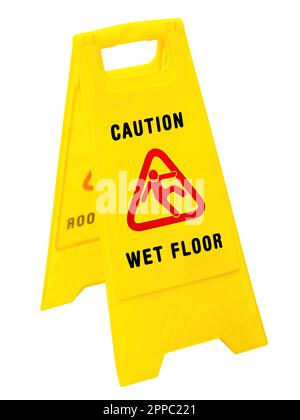 Attenzione pavimento bagnato cartello di avvertimento giallo isolato su sfondo bianco Foto Stock