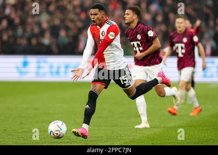 Rotterdam, Paesi Bassi. 23rd Apr, 2023. ROTTERDAM, PAESI BASSI - APRILE 23: Marcos Lopez di Feyenoord reagisce durante la partita di Eredivie tra Feyenoord e FC Utrecht allo Stadion Feijenoord il 23 Aprile 2023 a Rotterdam, Paesi Bassi (Foto di ben Gal/Orange Pictures) Credit: Orange Pics BV/Alamy Live News Foto Stock