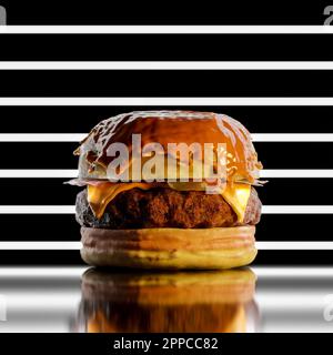 Burger fresco gustoso isolato su sfondo scuro riflettente dettagli di alta qualità Foto Stock